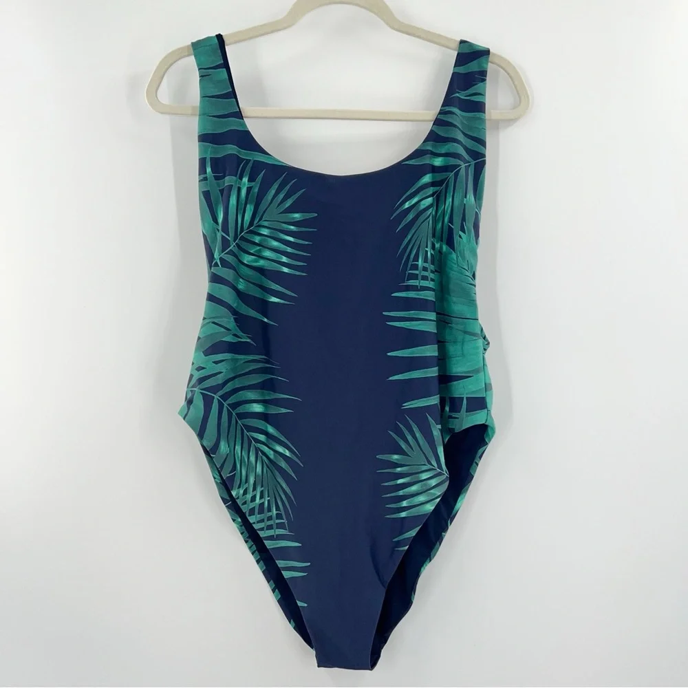 Aerie NWT Super Scoop One Piece Swimsuit in Rich Navy Palm Leaves size XXL